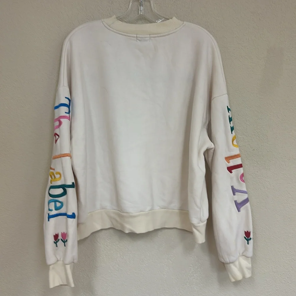 Cream Crewneck Sweatshirt w/ Rainbow Lettering & Embroidered Floral Accents - Picture 6 of 7